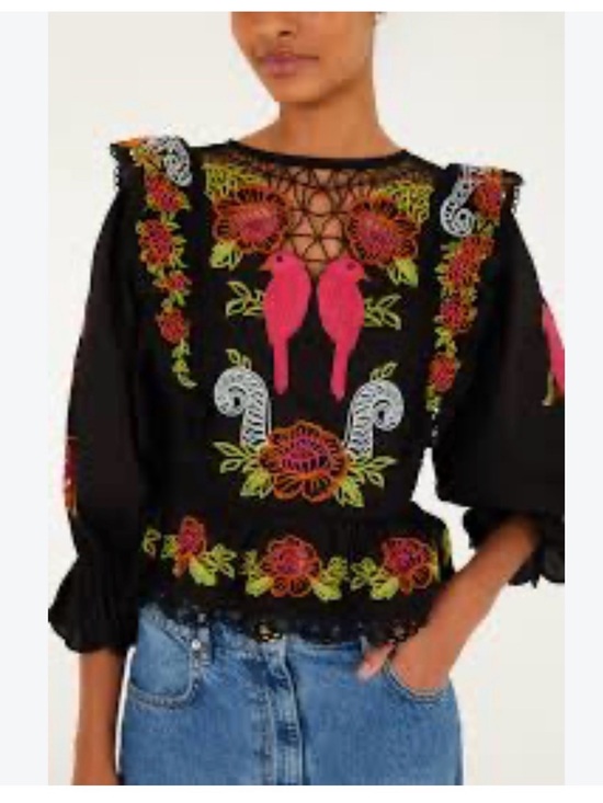FARM Rio Tops - New FARM Rio Black Richelieu Lace and Eyelet Puff Sleeve Blouse